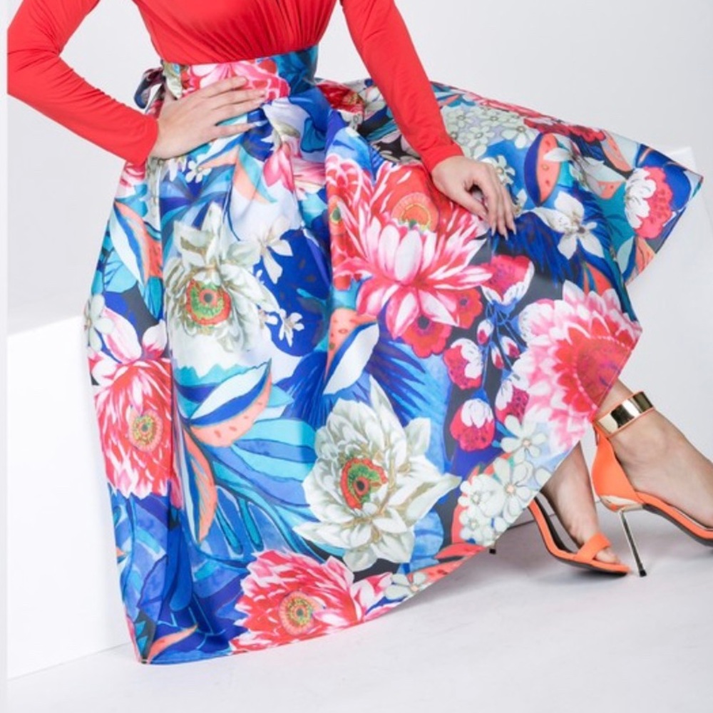 Waist Bow Tie Floral Flare Midi Skirt